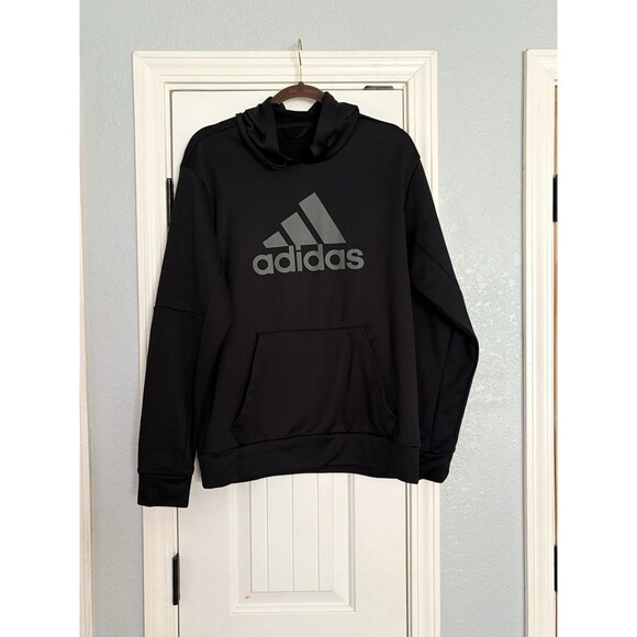 Adidas Sweatshirt Mens Size Medium Black Aeroready Grey Logo Hoodie Pullover - Picture 1 of 3